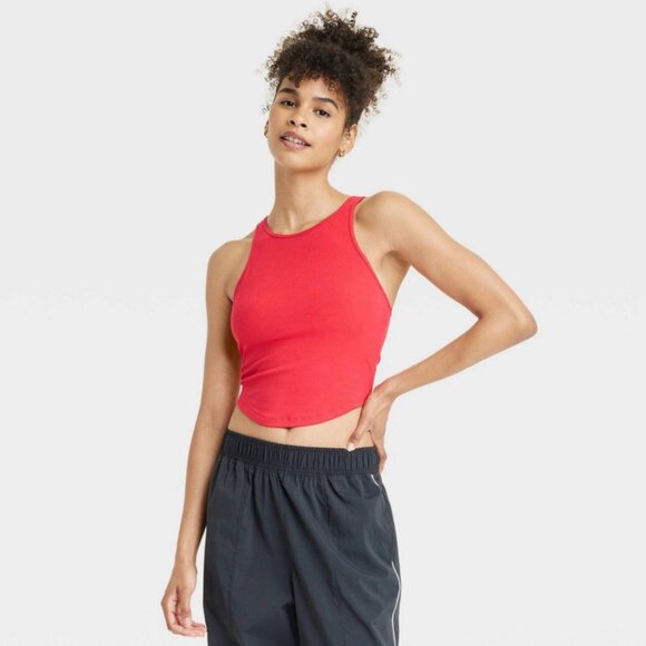 All In Motion Women's XL Red Rib High Neck Racerback Cropped Tank Top Slim Fit - Picture 1 of 13